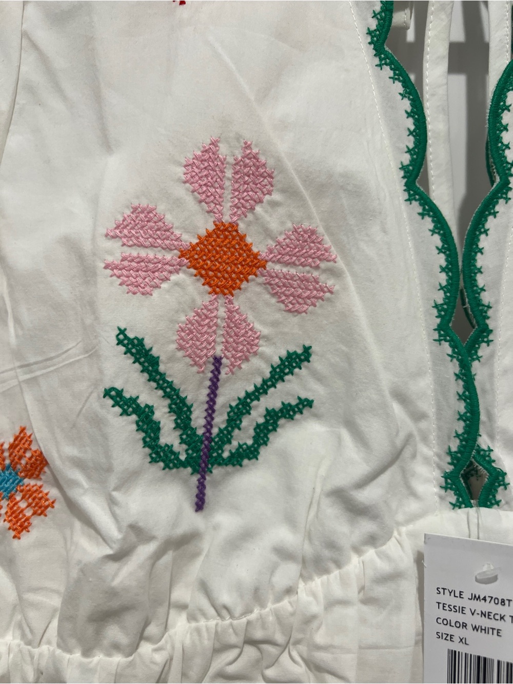 White Embroidered Peplum Blouse with Multicolor Floral & Bird Motif J.Marie - Picture 3 of 5